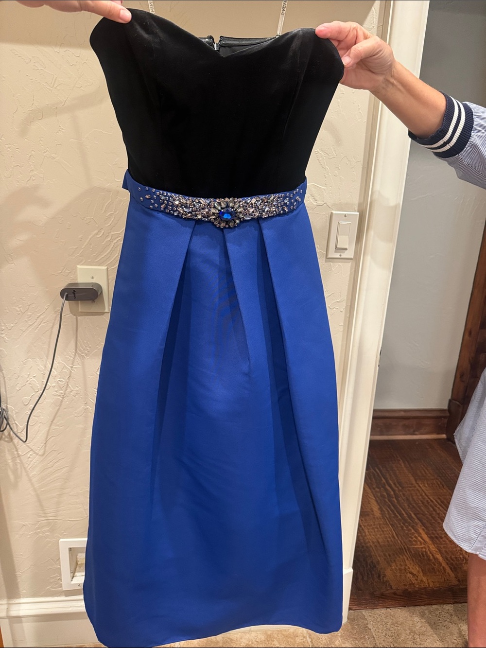 Sachin + Babi Black and Royal Blue Strapless Gown with Jeweled Detail